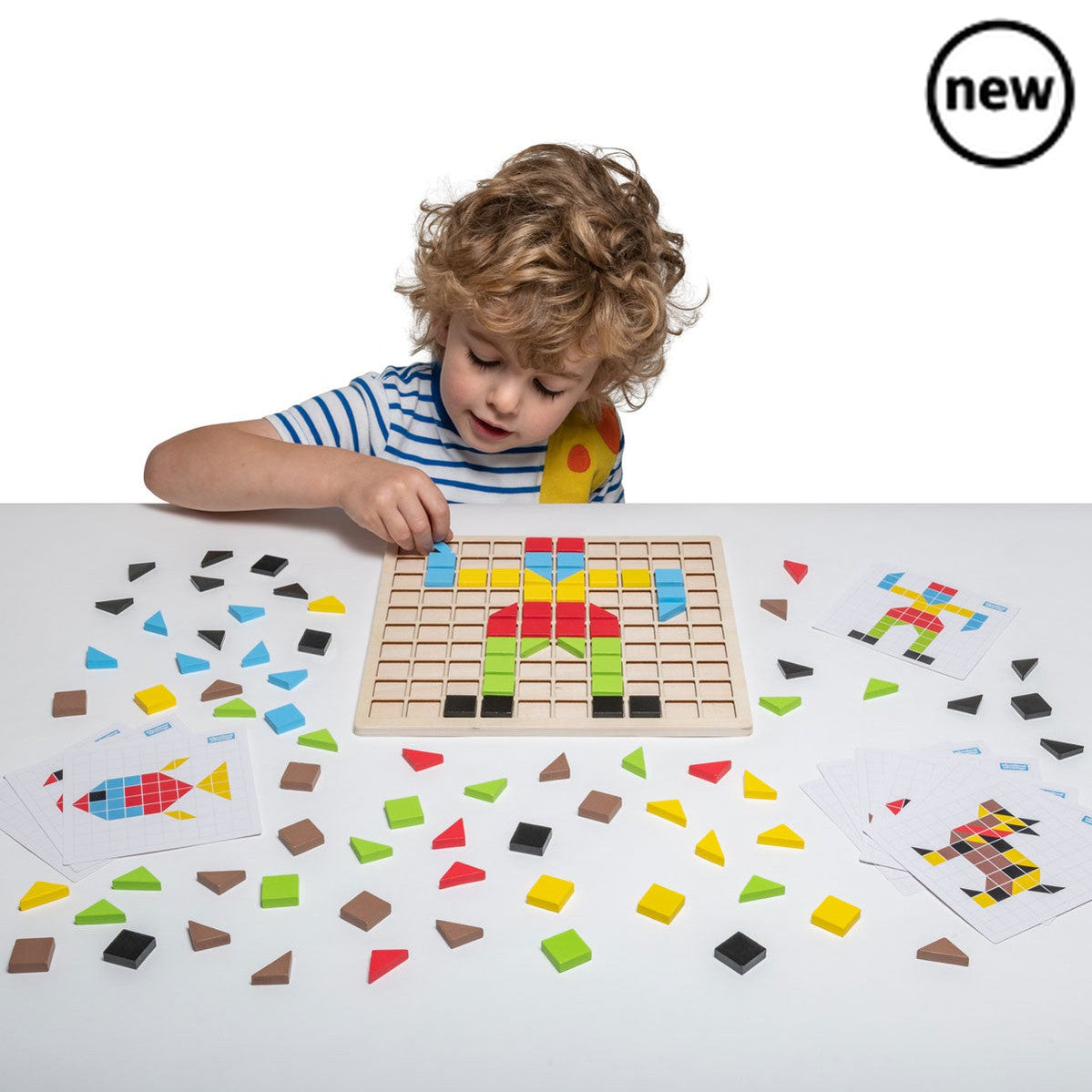 Wooden Mosaic Set, The 116 piece Wooden Mosaic Set is a fantastic way for children to engage in creative and stimulating play, while also developing important skills such as fine motor control, problem-solving and colour recognition. With a range of 20 designs to choose from, or the freedom to create their own patterns, children will love the challenge of fitting the colourful wooden squares and triangles into the wooden grid. The pieces come in six vibrant colours and are made from sustainably sourced Beec
