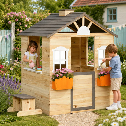 Wooden Playhouse Cottage with Bench and Service Station-Wooden Playhouse Cottage with Bench and Service Station