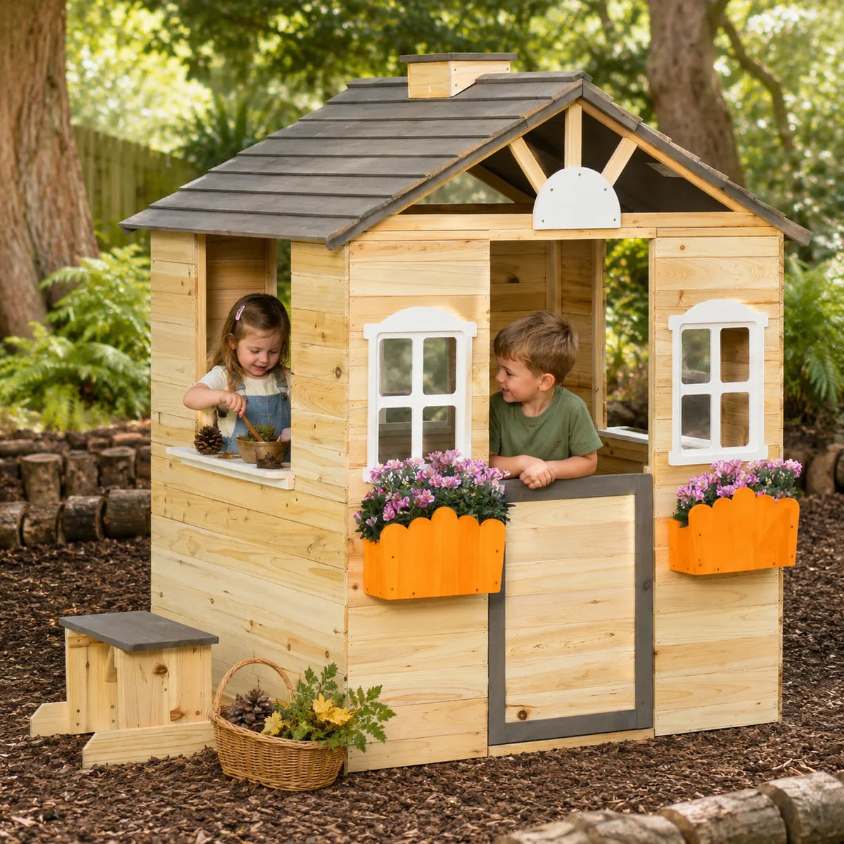 Wooden Playhouse Cottage with Bench and Service Station-Wooden Playhouse Cottage with Bench and Service Station