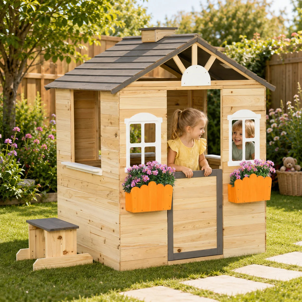 Wooden Playhouse Cottage with Bench and Service Station-Wooden Playhouse Cottage with Bench and Service Station