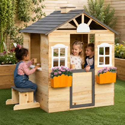 Wooden Playhouse Cottage with Bench and Service Station-Wooden Playhouse Cottage with Bench and Service Station