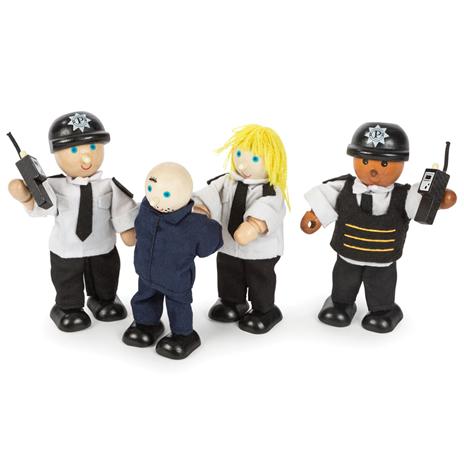 Wooden Police And Prisoner Figures, Set of three police officers ready to sound their sirens and speed off to catch the prisoner! All happy and ready to work, the three police officers are dressed suitably ready for a day of putting baddies behind bars, and the prisoner is dressed in a prisoner's uniform, ready to be locked up! With flexible, poseable arms and legs, each of the figures can stand or sit, and this means that no emergency is out of bounds! These delightful characters even come with their very 