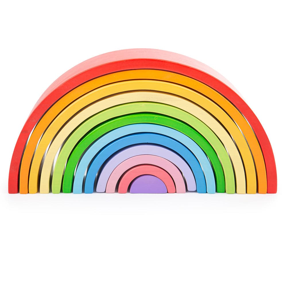 Wooden Rainbow Stacking Toy-Large, The play possibilities are endless with this versatile and sturdy Large Rainbow Stacking Toy. With no guidelines or rules, it is a brilliant Montessori toy. With these stacking toy arches, little hands can assemble a variety of shapes and objects while learning all about different sizes and colours. Made from solid wood and coloured with non-toxic paints. Once playtime is over, this Rainbow Stacker makes a fun decoration for your little ones bedroom or nursery. Develops cr