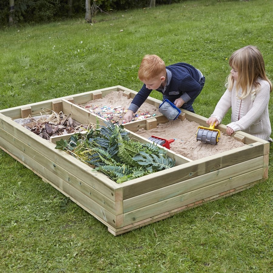 Wooden Sand Pit Planter, The Wooden Sand Pit Planter four-compartment Wooden Digging Box offers hours of creative fun! If your school has aspiring young gardeners, this is the perfect product to help aid their learning. Watch as children dig, shovel, move and feel materials to aid their early years' education. Take advantage of the four compartments and fill with bark, soil, sand or chippings to help children understand the importance of different textures. Delivered fully assembled FSC Pressure Treated Red