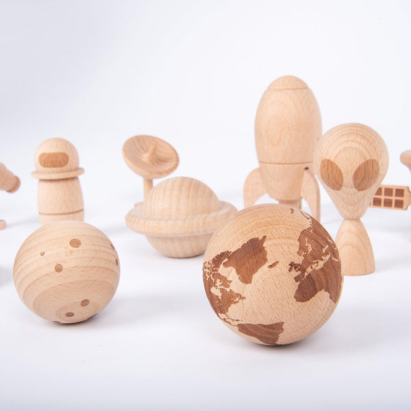 Wooden Space Adventure - Pk10, Our TickiT® Wooden Space Adventure set is out of this world! Crafted from smooth solid beechwood, the space objects are perfect for small explorers with big imaginations. Your child will enjoy the natural look and feel of the space characters, planets and space exploration items, whilst finding the detailed laser engraved features both curious and tactile.The Wooden Space Adventure set is an inspirational set that will engage imaginative play, develop descriptive language, and