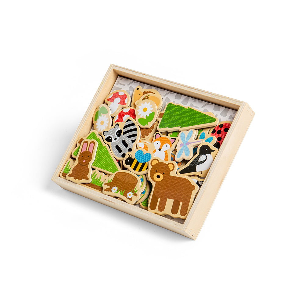 Woodland Magnets, These colourful Woodland Magnets are crafted from wood and have magnetic backs, to bring the wonders of the woods to the play area. Great for encouraging creative storytelling, this 35 piece set includes woodland animals, trees, flowers and more! Ideal for use with the Bigjigs Toys Magnetic Board (BJ380) or on the fridge. Supplied complete with a sturdy wooden storage box. H11.elps to develop dexterity and concentration. Made from high quality, responsibly sourced materials. Conforms to cu