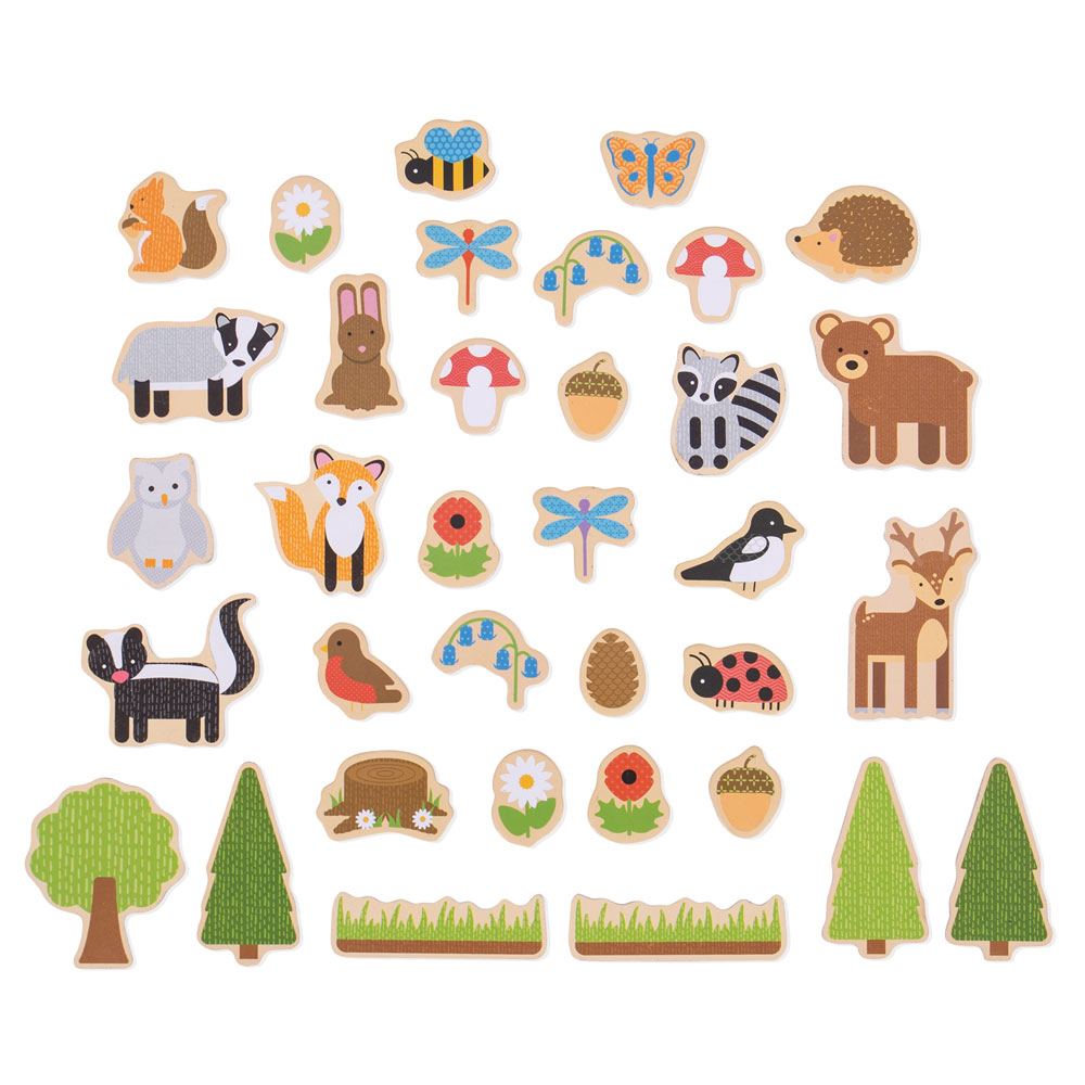 Woodland Magnets, These colourful Woodland Magnets are crafted from wood and have magnetic backs, to bring the wonders of the woods to the play area. Great for encouraging creative storytelling, this 35 piece set includes woodland animals, trees, flowers and more! Ideal for use with the Bigjigs Toys Magnetic Board (BJ380) or on the fridge. Supplied complete with a sturdy wooden storage box. H11.elps to develop dexterity and concentration. Made from high quality, responsibly sourced materials. Conforms to cu