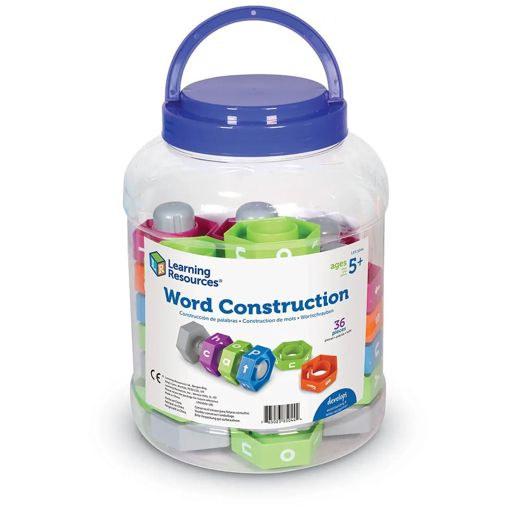 Word Construction, The Word Construction from Learning Resources help build basic word building skills in young learners! The Word Construction set is an engaging way to help develop word building with your early literacy class! Start by creating a consonant, vowel, consonant (C-V-C) word with the nuts and bolts. Simply turn any nut piece to create a new word The Word Construction set is an engaging way to help develop word building with your early literacy class! Start by creating a consonant, vowel, conso