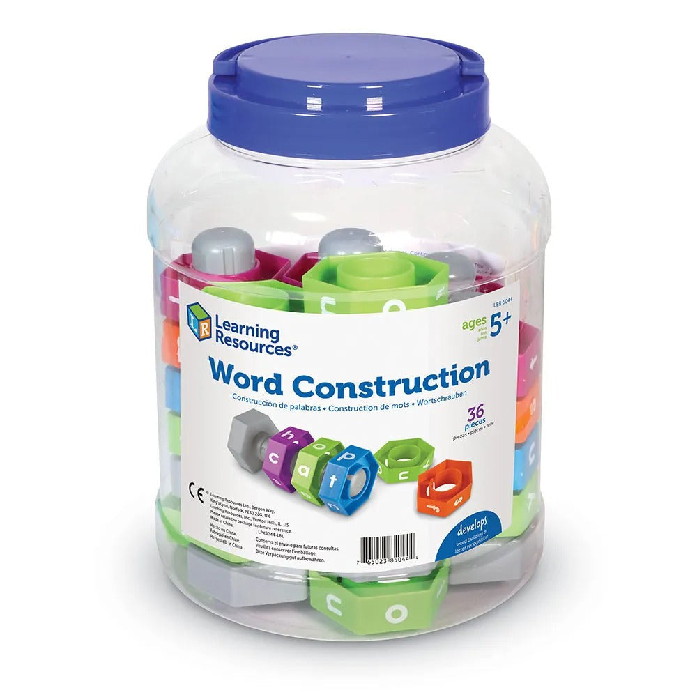 Word Construction, The Word Construction from Learning Resources help build basic word building skills in young learners! The Word Construction set is an engaging way to help develop word building with your early literacy class! Start by creating a consonant, vowel, consonant (C-V-C) word with the nuts and bolts. Simply turn any nut piece to create a new word The Word Construction set is an engaging way to help develop word building with your early literacy class! Start by creating a consonant, vowel, conso