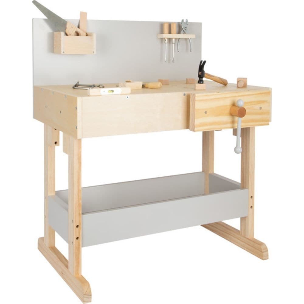 Workbench for Children Grey with Accessories, Working like the large ones! With this sturdy children's workbench, little do-it-yourselfers are well equipped. The 10 child-friendly, fully functional tools are safely stowed away in the tool bar and utensil box and are always ready to hand. The workbench scores with a stable vice and sufficient storage space under the large work surface. The mix of grey and natural solid wood makes it a real eye-catcher. Long-lasting fun at your own workbench guaranteed! With 