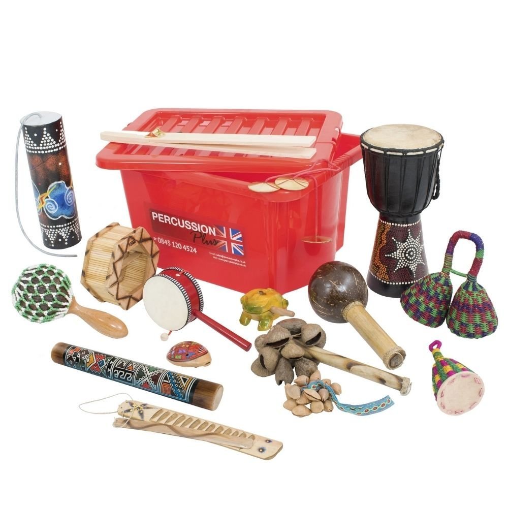 World rhythm pack, The Percussion Plus world rhythm pack includes 16 different sounds from cultures across the globe. Inside your large study plastic storage box comes a range of percussion instruments to be shaken, scraped, rattled and hit. Perfect for school music rooms and music clubs/workshops. This World rhythm pack typically contains the following: 1 x PP621 Inca clay painted ocarina 1 x PP623 Wooden frog guiro with scraper 1 x PP626 Large pangi seed shaker with handle 1 x PP2066 Seed jungle shaker wi