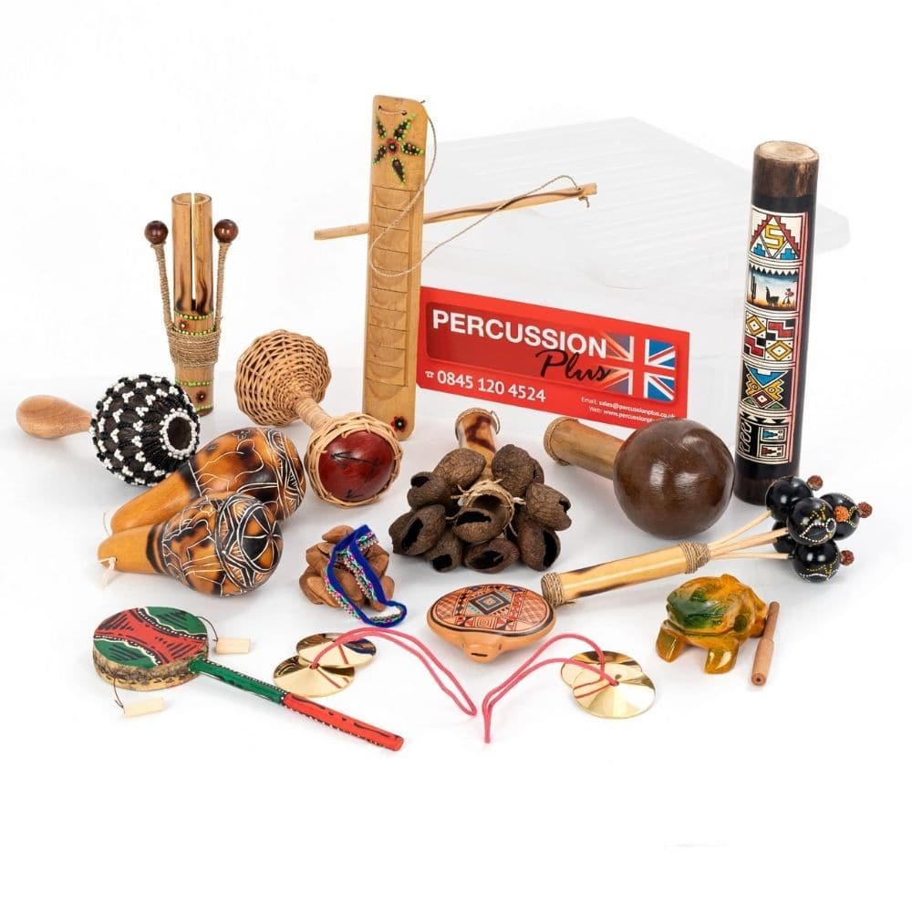 World trade percussion kit, The World trade percussion kit comes supplied with a wonderful pack full of world percussion instruments. The World trade percussion kit comes with a storage box is filled with 14 instruments specially chosen to take you on a musical trip around the world. Featuring a variety of different percussive sounds, it is sure to engage every young musician. 1 x ocarina 1 x coconut maraca 2 x seed shakers 1 x kyamba 1 x rainstick 1 x frog guiro 1 x monkey drum 1 x double bamboo clacker 1 