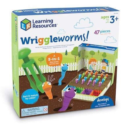 Wriggleworms Fine Motor Activity Set, Children can unearth their fine motor skills, one wriggly, stretchy worm at a time with this stunning Wriggleworms Fine Motor Activity Set. Spin the spinner, locate the worm and children use the tri-grip tongs to pull the work out of the dirt. Finger placements on the tongs make it easier for children to become used to the position and feeling of holding a pencil to get ready to write. With the included spinner and activity cards, children can turn learning into a game 