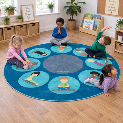 Yoga Position Carpet – children using the eight-position circular rug