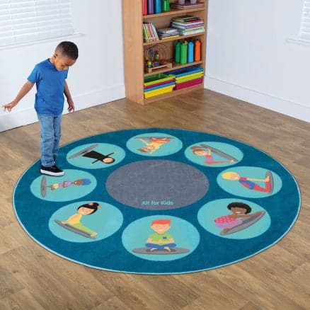 Yoga Position Carpet 2m diameter, The Yoga Position Carpet 2m diameter is an Ideal resource for promoting children's well being and overall emotional health. Thick and soft carpet with 8 large placements to help children practise yoga positions. Yoga and being mindful during the early years can help with managing anxiety, improving concentration and developing strength and flexibility.Use the Yoga Position Carpet to get fit and active in a fun and engaging way whilst adding colour and style to any classroom