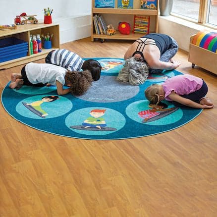 Yoga Position Carpet 2m diameter, The Yoga Position Carpet 2m diameter is an Ideal resource for promoting children's well being and overall emotional health. Thick and soft carpet with 8 large placements to help children practise yoga positions. Yoga and being mindful during the early years can help with managing anxiety, improving concentration and developing strength and flexibility.Use the Yoga Position Carpet to get fit and active in a fun and engaging way whilst adding colour and style to any classroom
