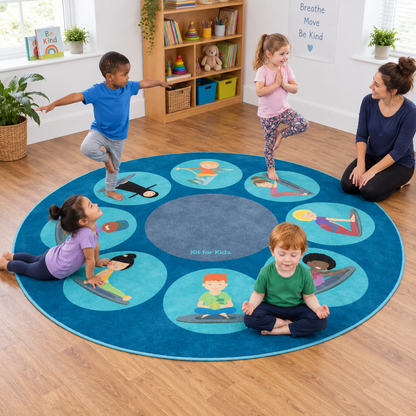 Yoga Position Carpet – children practising poses on the 2 metre circular rug