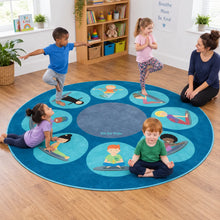 Yoga Position Carpet – children practising poses on the 2 metre circular rug