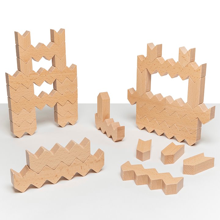 Zig Zag Blocks, Stack, build and create some fantastic structures! 30 chunky and easy to grip pieces for open-ended construction play. Stack, build and create with this fantastic 30 piece open-ended set! This set includes 6 of each of the 5 shapes including a spacer piece to add increased height to your models. Promotes imagination and logical reasoning skills. Children will work out the right way to stack and build their creations. Pieces are chunky and easy to grip – each measuring 2cm in width. Largest p