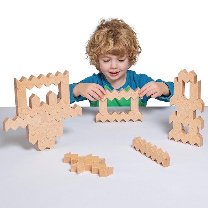 Zig Zag Blocks, Stack, build and create some fantastic structures! 30 chunky and easy to grip pieces for open-ended construction play. Stack, build and create with this fantastic 30 piece open-ended set! This set includes 6 of each of the 5 shapes including a spacer piece to add increased height to your models. Promotes imagination and logical reasoning skills. Children will work out the right way to stack and build their creations. Pieces are chunky and easy to grip – each measuring 2cm in width. Largest p