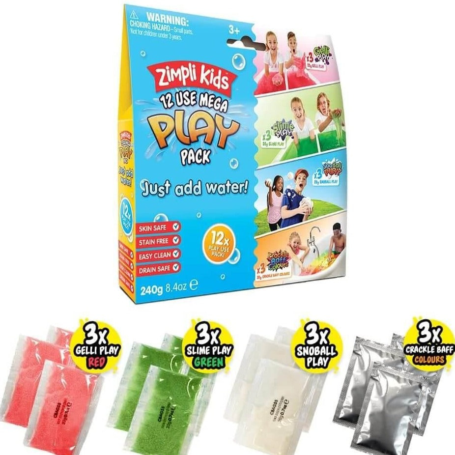 Zimpli Kids 12 Use Mega Play Pack, The Ultimate Playtime Product! Sprinkle Gelli Play over water and watch it magically turn into colourful goo for hours of messy play fun! Slime Play magically turns water into gooey slime right before your eyes. Sprinkle the Crackle Baff crystals over your bath water and listen to it crackle, pop and magically change colour! SnoBall Battle Pack transforms water into realistic snow that allows you to create and mould your very own snowballs! The perfect product for messy an