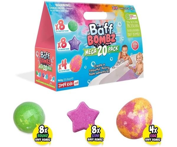 Zimpli Kids Baff Bombz Mega 20 Pack, Make bath time, fun time with Baff Bombz! Create a colourful fizzing bathtime adventure by dropping these bubbling bath bombs into your bath water and watch them fizz and change the colour of the water! Skin Safe - Drain Safe - Easy Clean - Stain Free All our Baff Bombz are biodegradable! Features of Baff Bombz Mega 20 Pack: 20 x BATH BOMBS TOTAL: Includes 8 x Round Bath Bombs, 8 x Star Baff Bombz & 4 x Large Egg Bath Bombs VEGAN FRIENDLY: Contains no animal products and