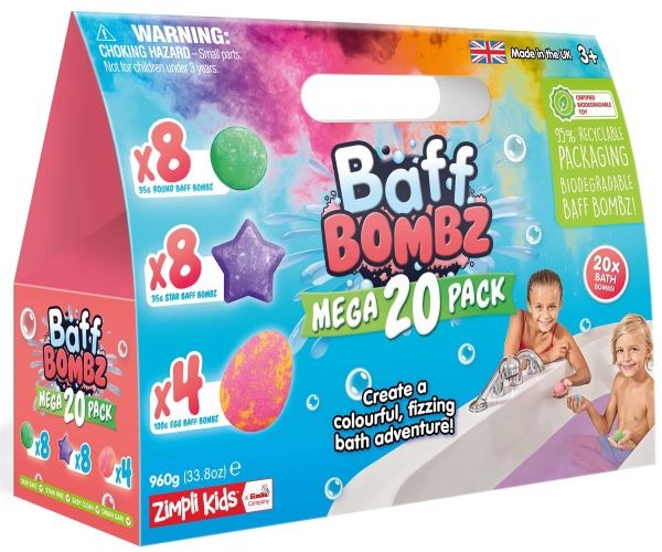 Zimpli Kids Baff Bombz Mega 20 Pack, Make bath time, fun time with Baff Bombz! Create a colourful fizzing bathtime adventure by dropping these bubbling bath bombs into your bath water and watch them fizz and change the colour of the water! Skin Safe - Drain Safe - Easy Clean - Stain Free All our Baff Bombz are biodegradable! Features of Baff Bombz Mega 20 Pack: 20 x BATH BOMBS TOTAL: Includes 8 x Round Bath Bombs, 8 x Star Baff Bombz & 4 x Large Egg Bath Bombs VEGAN FRIENDLY: Contains no animal products and
