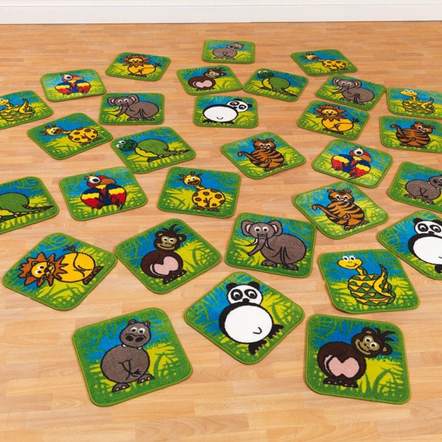 Zoo Conservation Mini Carpets, The Zoo Conservation Mini Carpets are a bold and colourful addition to your early years setting.Children will love to identify the zoo animals and engage in conversation about the animals on show. The Zoo Conservation Mini Carpets comes as a pack of 30 making these a cost effective addition to your classroom this term. 30 x square carpets for comfortable group placement sitting on the clearly identifiable cute zoo animals. Children can choose a zoo animal to sit on during read