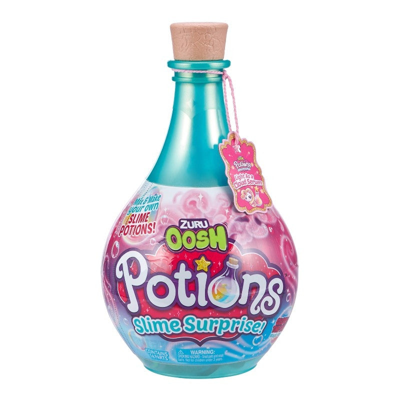Zuru Oosh Potions Slime Surprise, Potion bottle slime kit from Zuru. Open up the potion bottle to find all of the ingredients required to make two surprise slime concoctions. Follow the recipes to mix the parts together in the special brewing bottles, adding up to three different accessories that change the slime to be glittery, textured, or something else. There are four different Oosh Potions bottles to collect, each with different recipes inside. Zuru Oosh Potions Slime Surprise Slime making kit from Zur